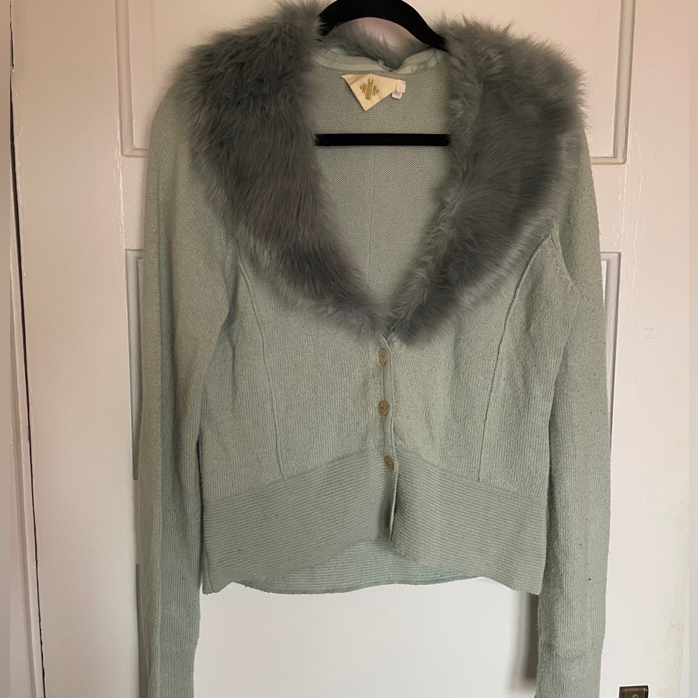Anthropologie Faux Fur Trim Cardigan in Light Blue